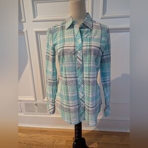 Talbots Aqua and White Plaid Shirt